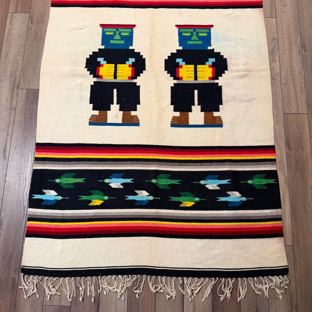Vintage Zapotec Mexican Wool Rug Handwoven Pictorial Figural Birds 48x80 Oaxacan - Picture 4 of 9